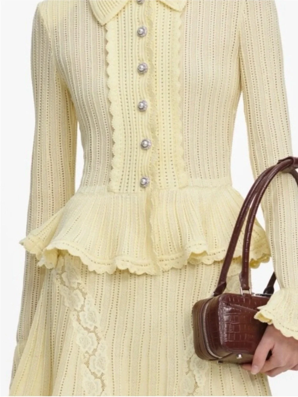Authentic NWT Self-Portrait Yellow Pointelle Knit Peplum cardigan